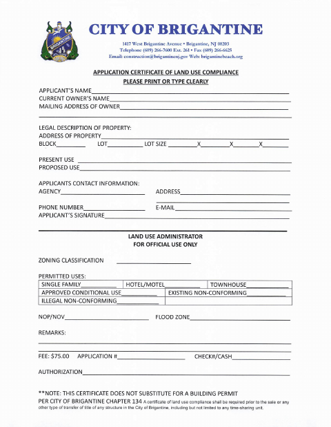 First page of the Application Certificate of Land Use Compliance