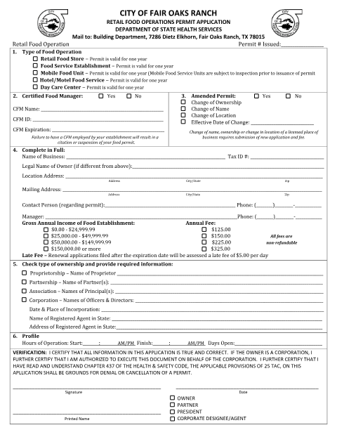 First page of the Retail Food Operations Permit Application