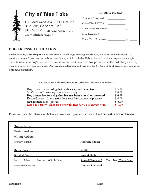 First page of the Dog License Application
