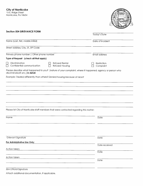 First page of the Section 504 Grievance Form