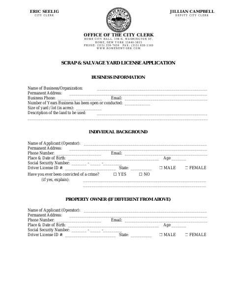 First page of the Scrap & Salvage Yard License Application