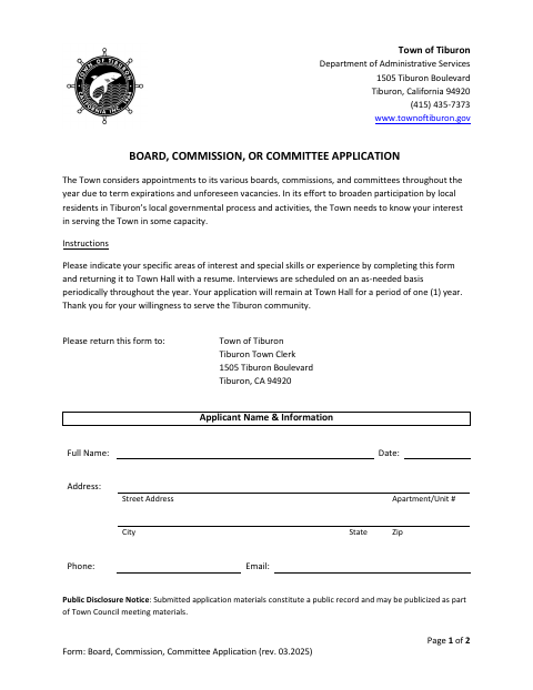 First page of the Board, Commission, or Committee Application