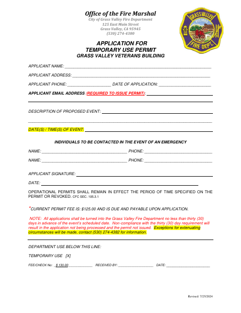 First page of the Application for Temporary Use Permit