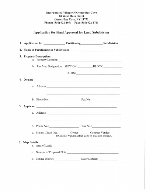 First page of the Application for Final Approval for Land Subdivision