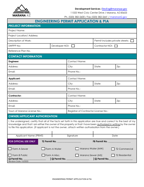 First page of the Engineering Permit Application & Private Improvement Agreement