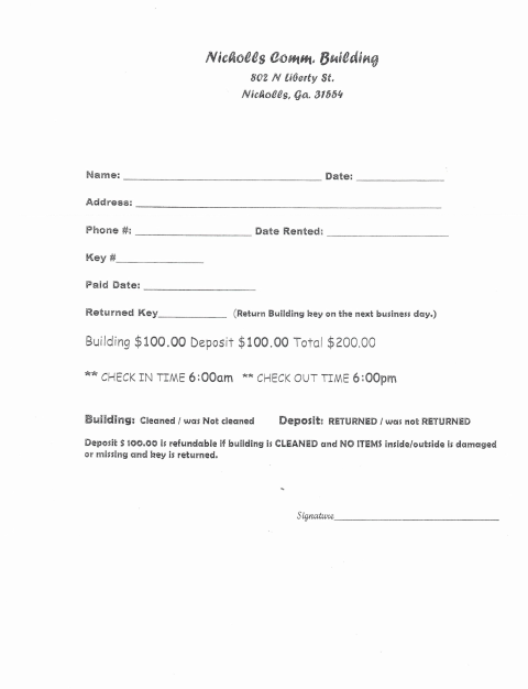 First page of the Community Building Rental Form