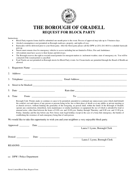 First page of the Request for Block Party