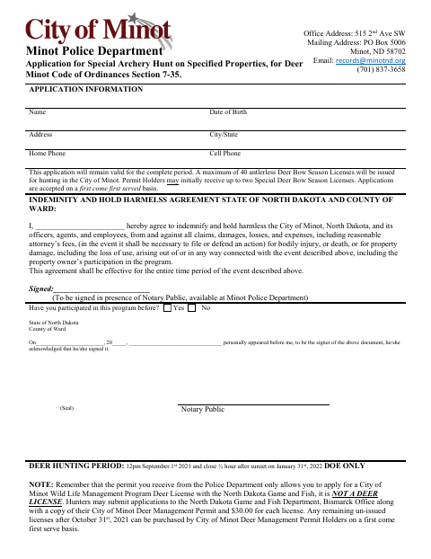 First page of the Application for Special Archery Hunt on Specified Properties