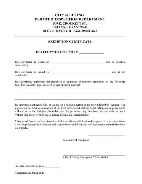 First page of the Development Permit Exemption Certificate