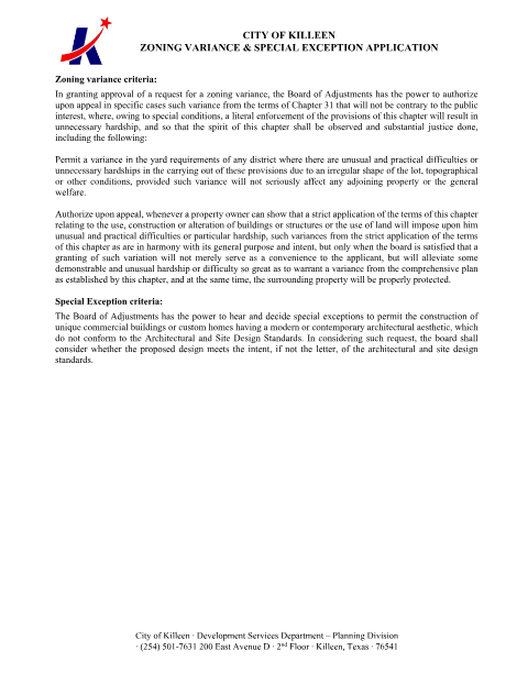 First page of the Zoning Variance and Special Exception Application