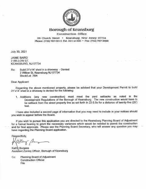 First page of the Planning Board of Adjustment Variance Application