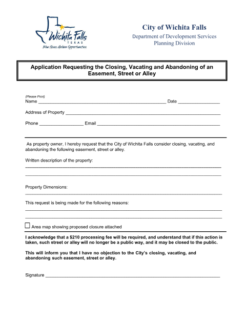 First page of the Street, Alley, or Easement Closure Application
