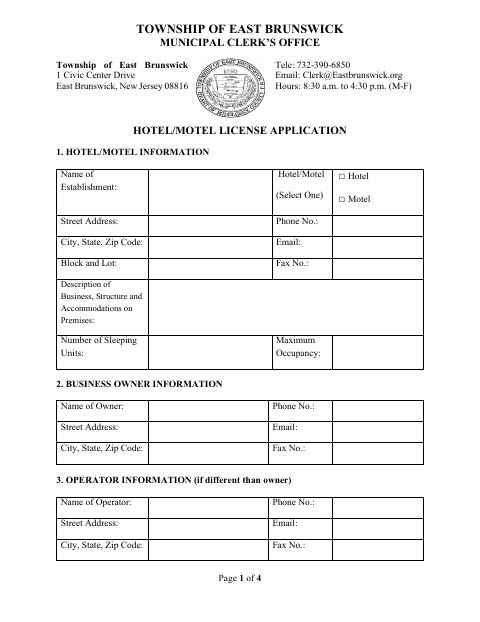 First page of the Hotel/Motel License Application