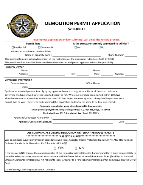 First page of the Demolition Permit Application