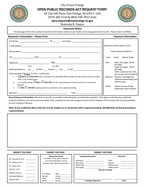 First page of the Open Public Records Act Request Form