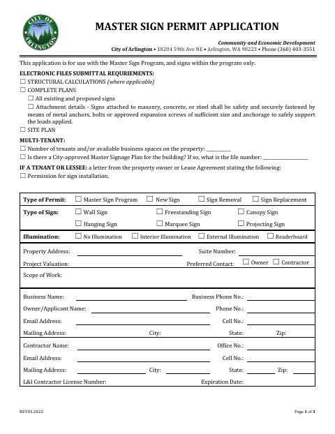 First page of the Master Sign Permit Application