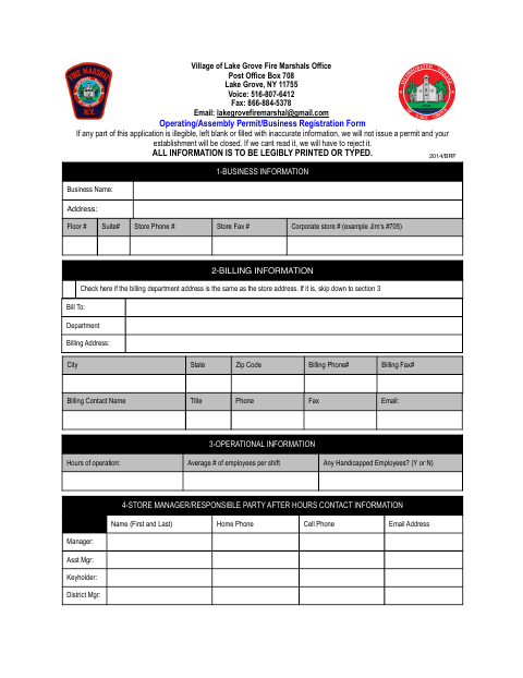 First page of the Operating/Assembly Permit/Business Registration Form
