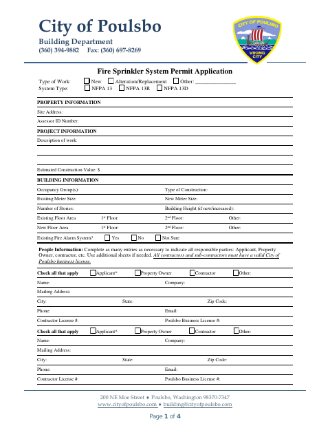 First page of the Fire Sprinkler System Permit Application
