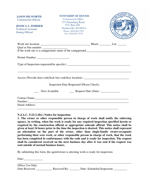 First page of the Inspection Request