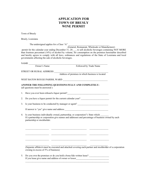 First page of the Wine Permit Application