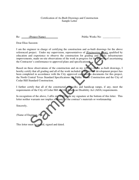 First page of the Certification of As-Built Drawings and Construction