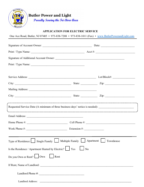 First page of the Application for Electric Service