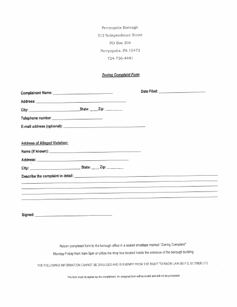 First page of the Zoning Complaint Form