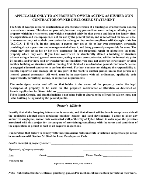 First page of the Owner Acting as Contractor Affidavit