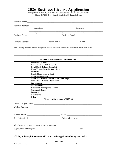First page of the Business License Application