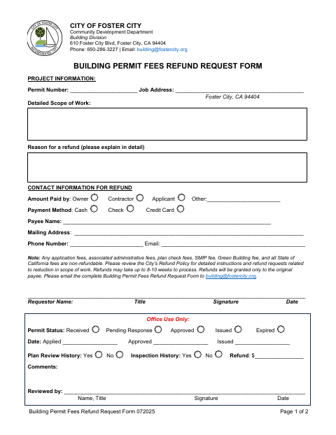 First page of the Building Permit Fees Refund Request Form