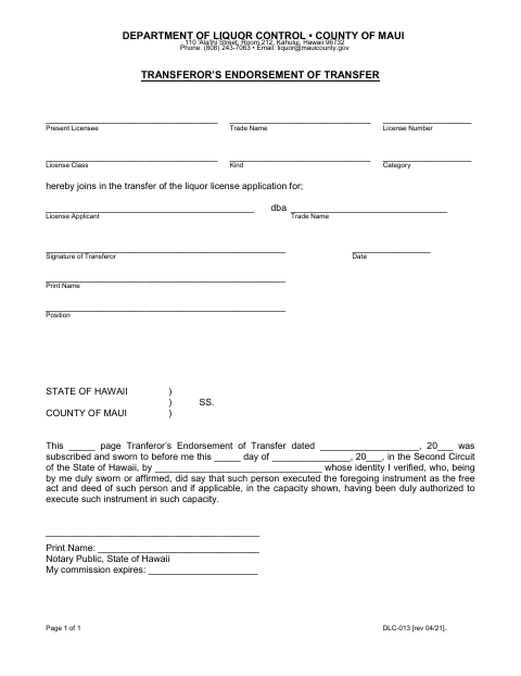 First page of the Transferor’s Endorsement of Transfer