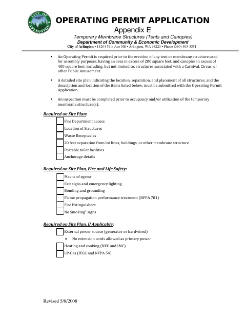 First page of the Operating Permit Application Appendix E: Temporary Membrane Structures (Tents and Canopies)