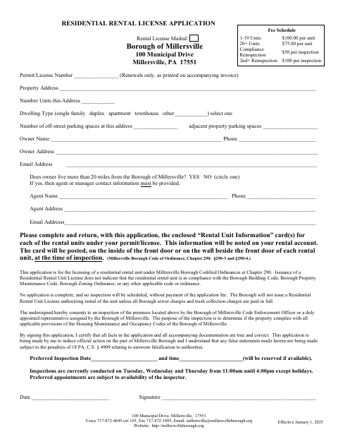 First page of the Residential Rental License Application