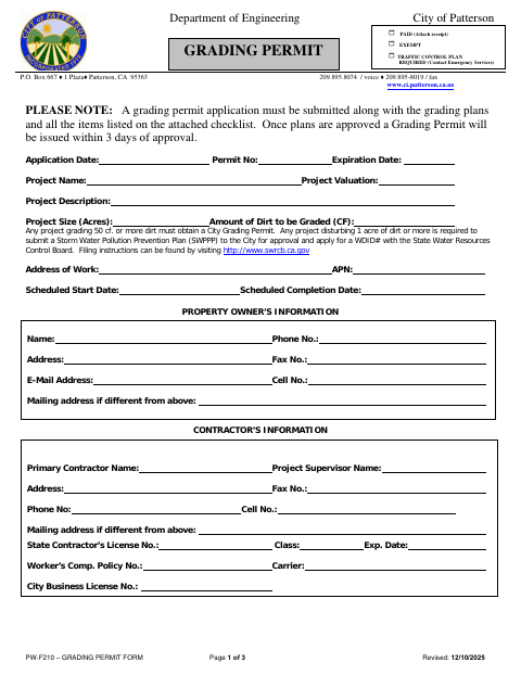 First page of the Grading Permit Application