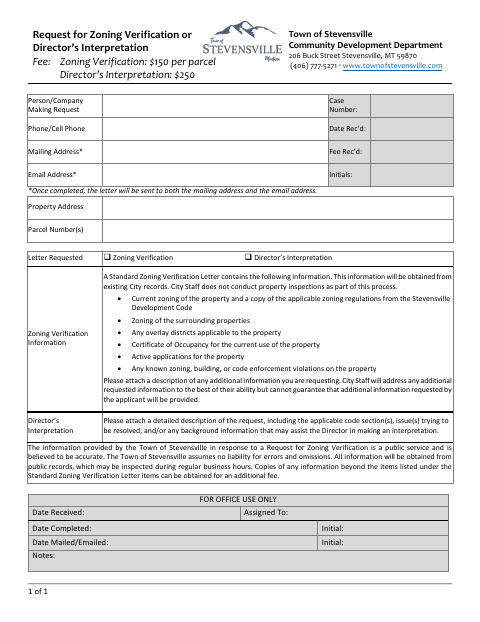 First page of the Request for Zoning Verification or Director’s Interpretation