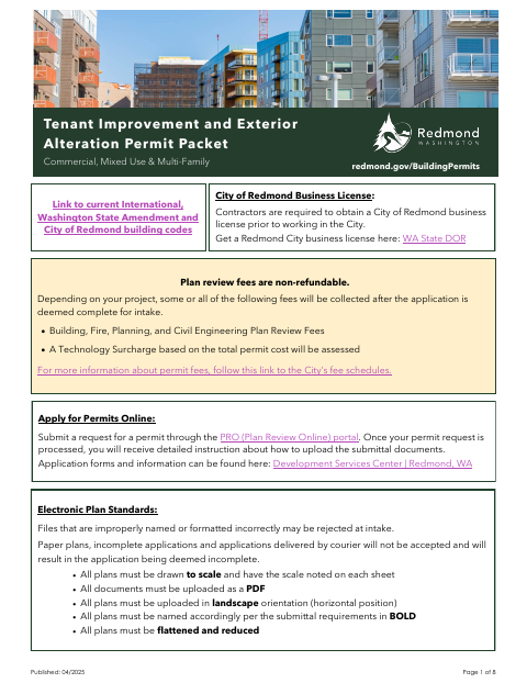 First page of the Tenant Improvement and Exterior Alteration Permit Packet