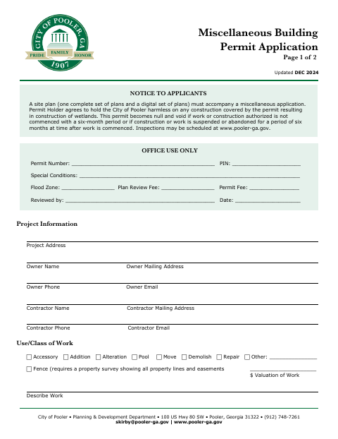 First page of the Miscellaneous Building Permit Application