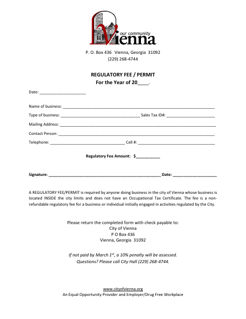First page of the Regulatory Fee / Permit