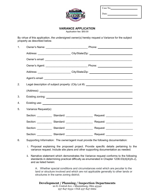 First page of the Variance Application