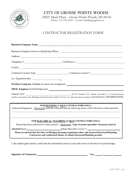 First page of the Contractor Registration Form