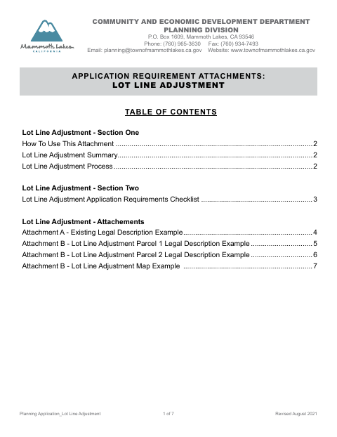 First page of the Lot Line Adjustment Planning Application Attachment