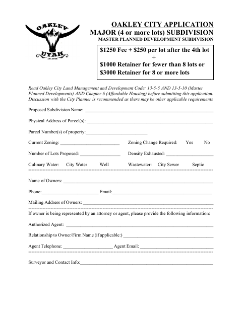 First page of the Major Subdivision Application