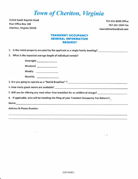 First page of the Transient Occupancy General Information Request