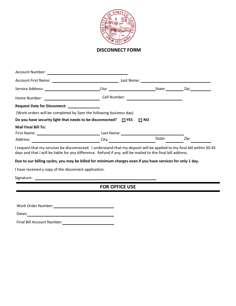 First page of the Utilities Disconnect Form