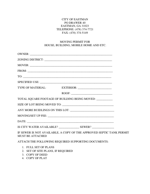 First page of the Moving Permit for House, Building, Mobile Home and Etc.