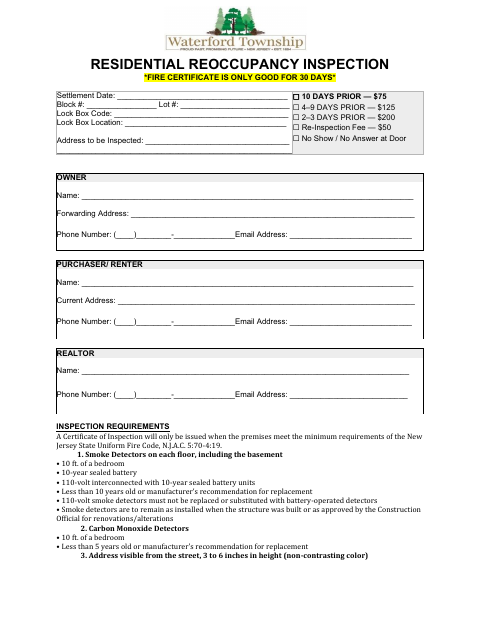 First page of the Residential Reoccupancy Inspection Application