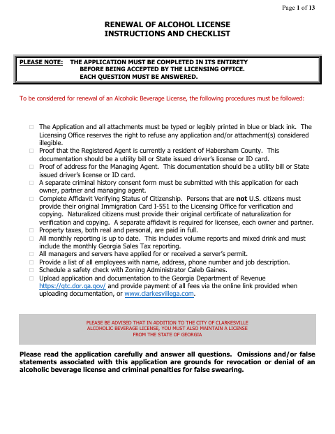 First page of the Retail Alcoholic Beverage License Renewal Application