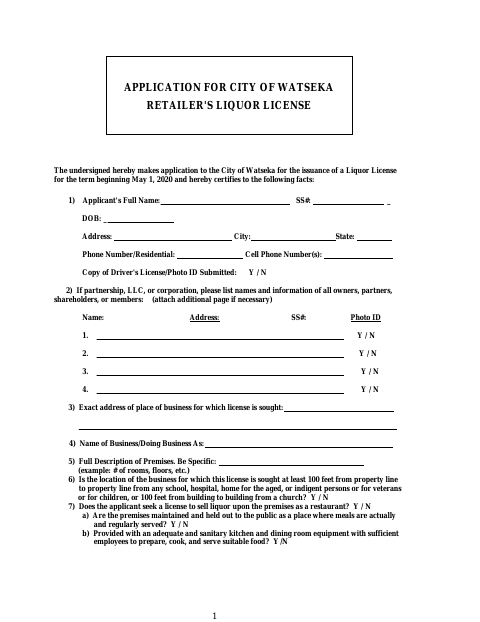 First page of the Retailer's Liquor License Application