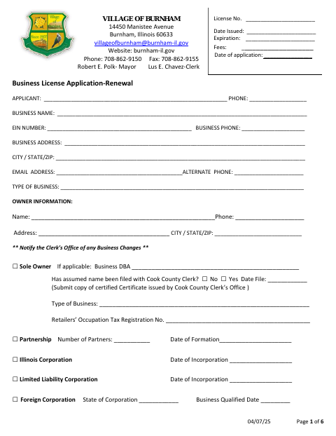 First page of the Business License Application Renewal