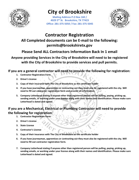 First page of the Contractor Registration